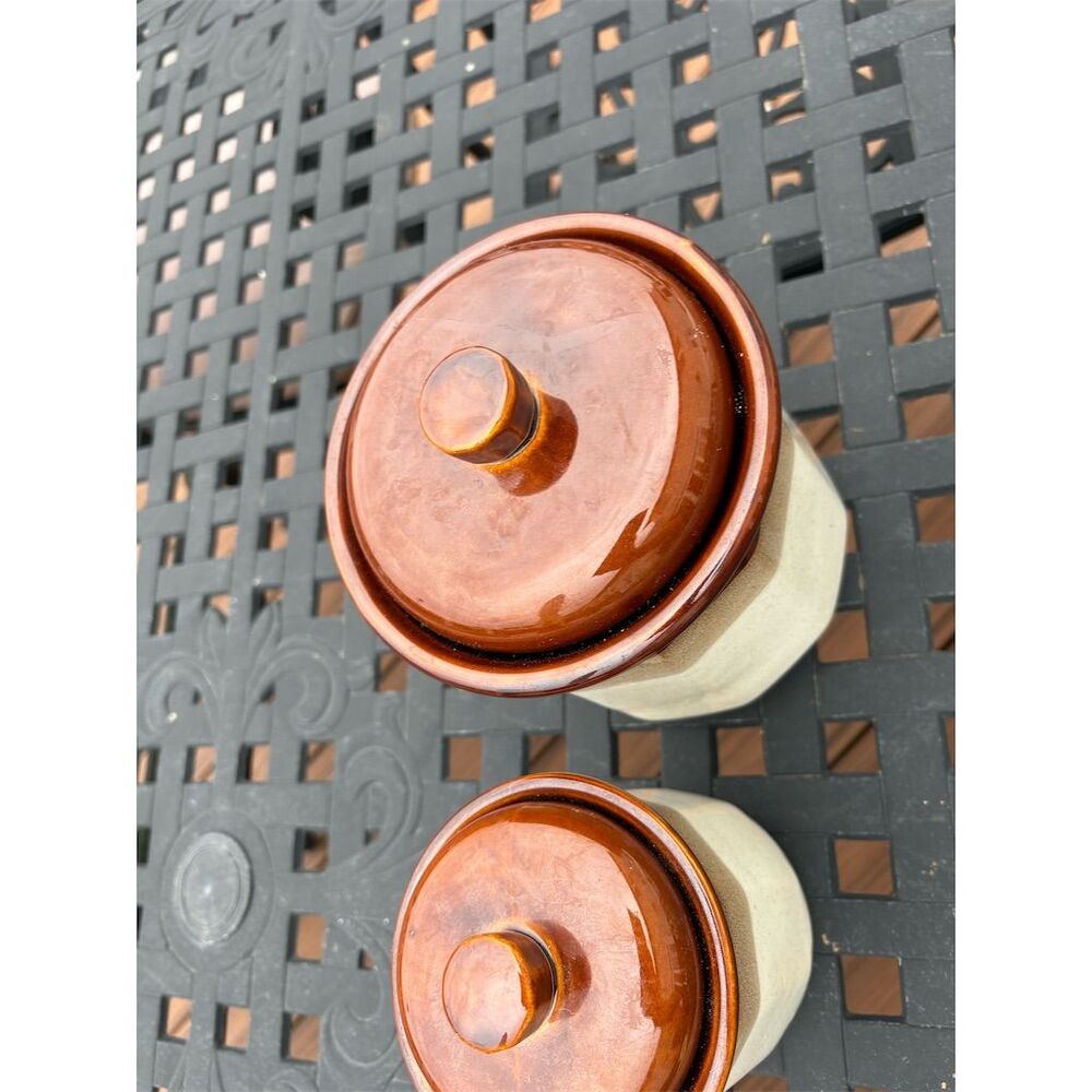 Vintage Brown Glaze Stoneware Crock Canister Set of 2 With Lids - Picture 8 of 8